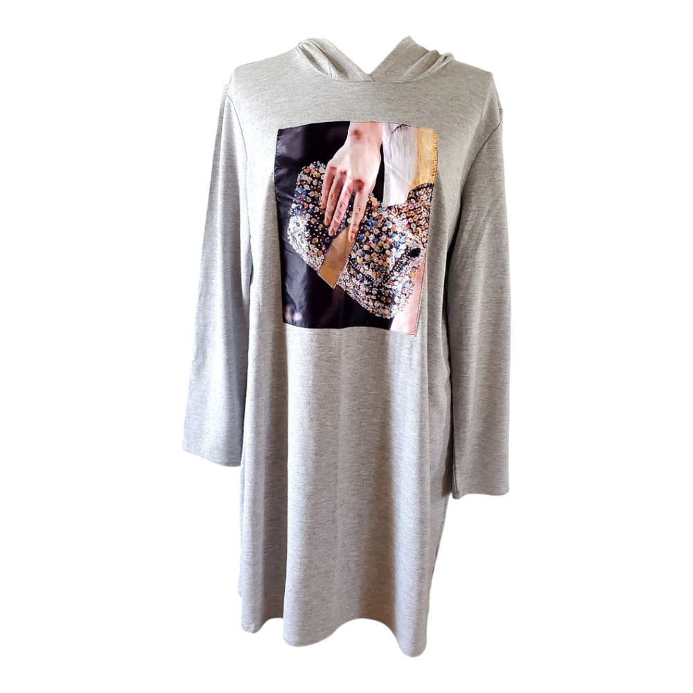 Tacera Gray Mini Dress with Graphic Print Size Large